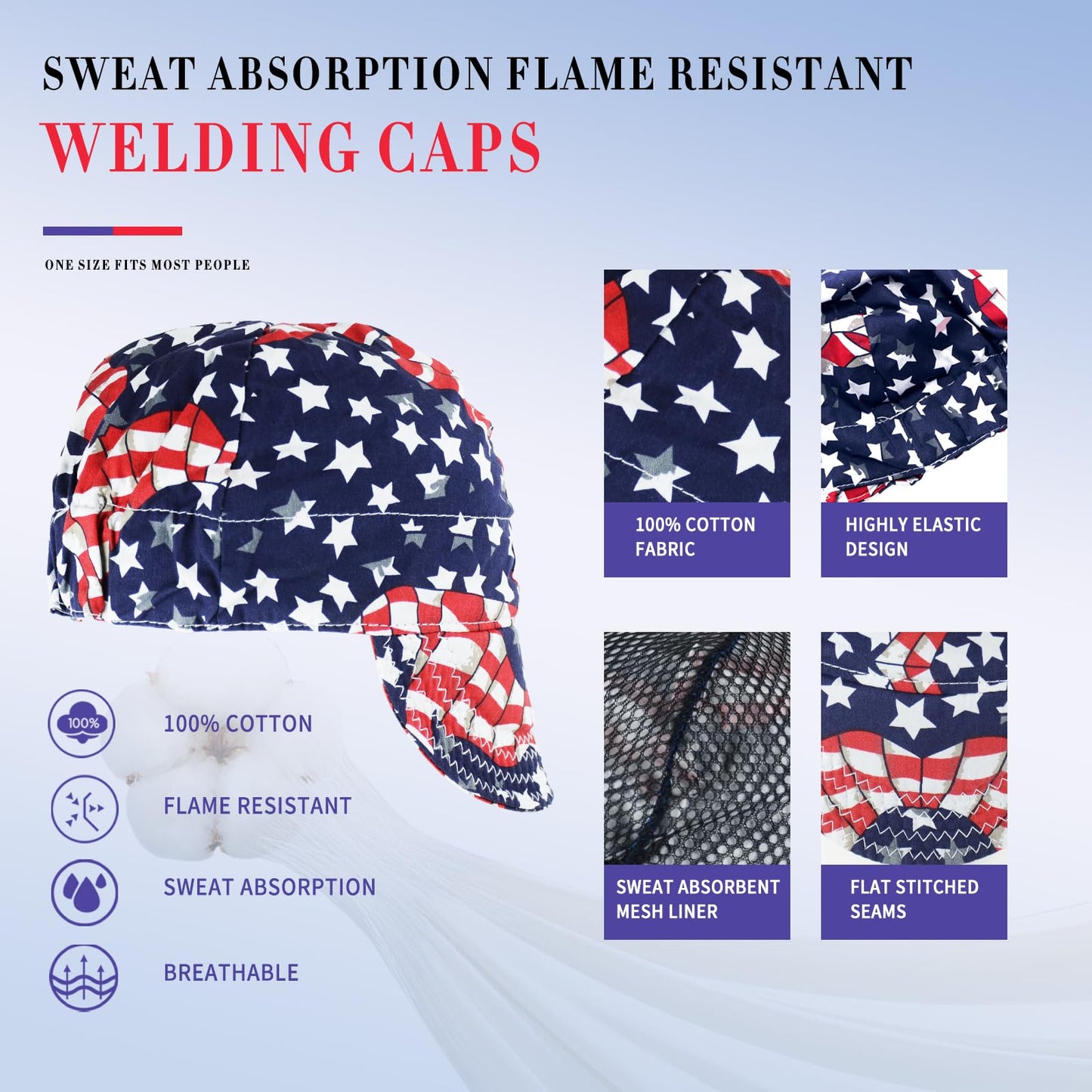TRQWH 100% Cotton Welding Caps for Men, 3 Pcs Mesh Inside Sweat Absorption Flame Resistant Protective Welders Cap with Elastic Welding Helmet