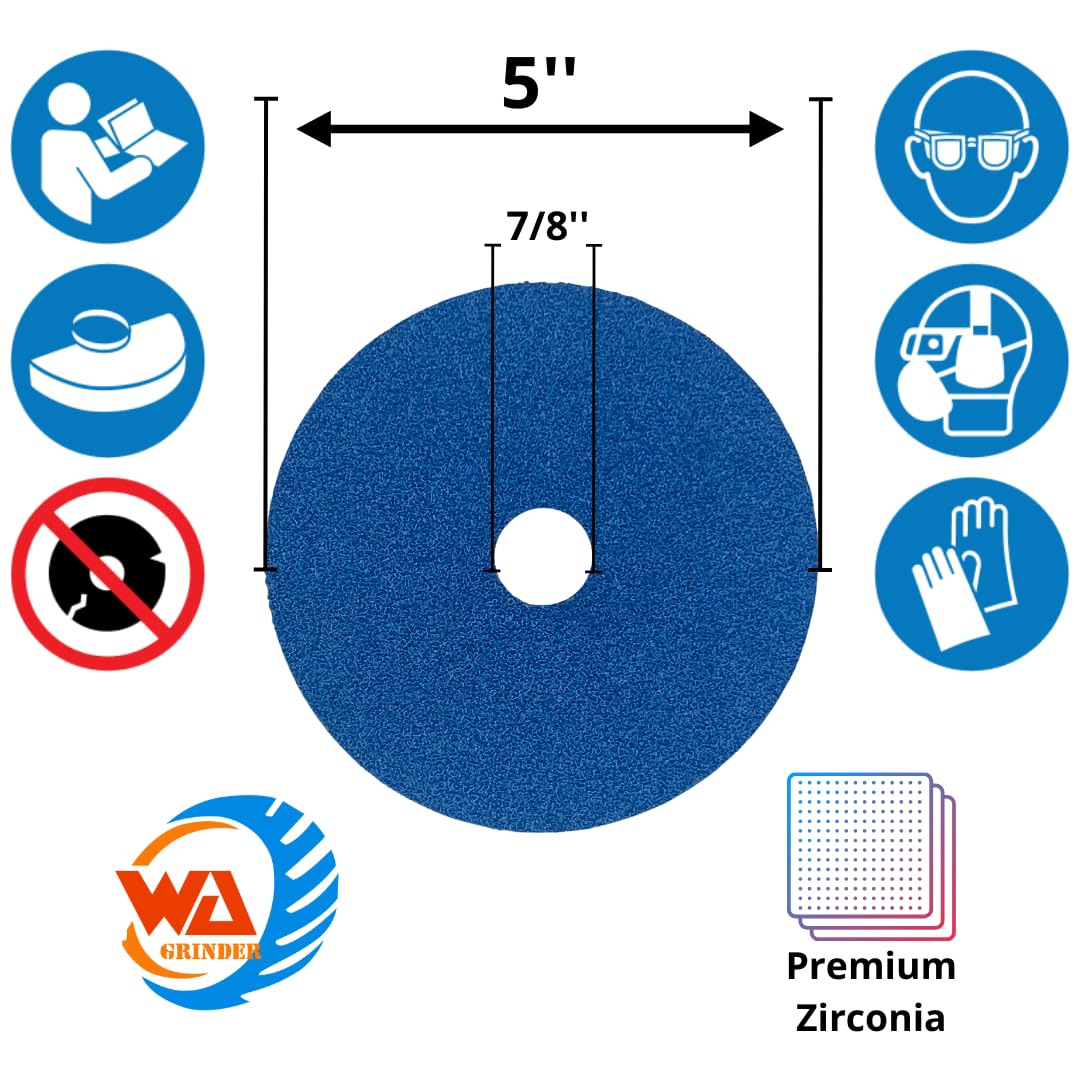 WA GRINDER 25PACK - 5'' Premium Zirconia Resin 24# Fiber Sanding Discs, 7/8'' inch Arbor, for Wood, Metal, Aluminum, Stainless Steel, Fiberglass, on Angle Grinder (Grit 24)
