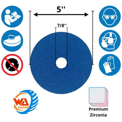 WA GRINDER 25PACK - 5'' Premium Zirconia Resin 24# Fiber Sanding Discs, 7/8'' inch Arbor, for Wood, Metal, Aluminum, Stainless Steel, Fiberglass, on Angle Grinder (Grit 24)