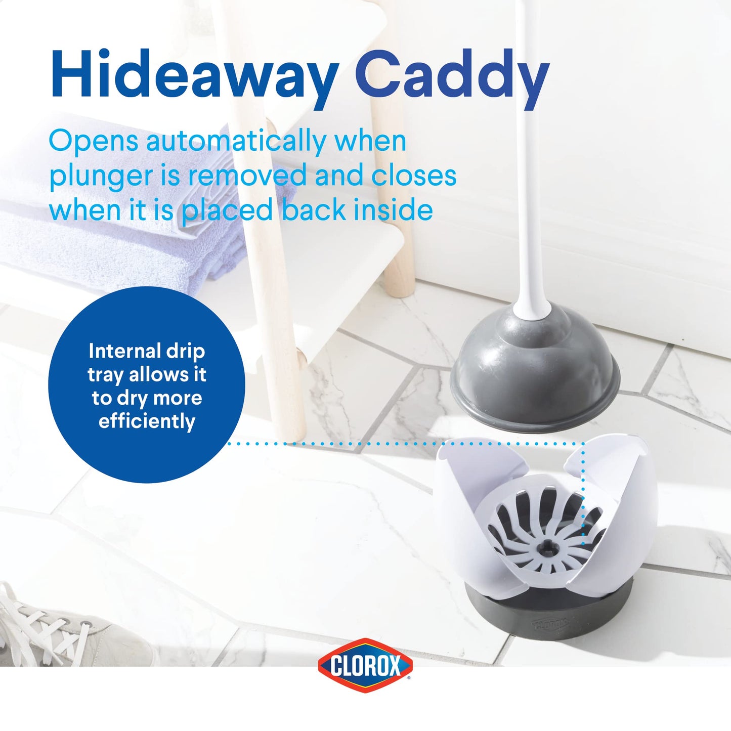 Clorox Toilet Plunger with Hideaway Caddy for Bathroom, Accessories Organizers & Storage, Toilet Unclogger, Plunger with Holder