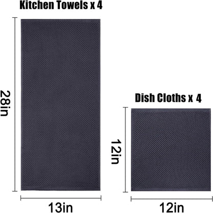 smiry Cotton Kitchen Dish Towels Set– 4 Pack 12x12 Inch & 4 Pack 13x28 Inch Kitchen Towels, 8 Pieces in Total, Ultra Soft Absorbent Quick Drying Dish Cloths Tea Towels, Dark Grey