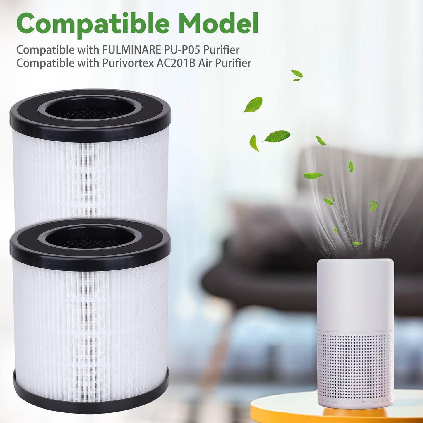 PU-P05/AC201B Air Filters Compatible with FULMINARE PU-P05 Air Puri-fier and Purivortex AC201B Air Puri-fier - 3-in-1 H13 True HEPA Replacement Filter - 2Pack