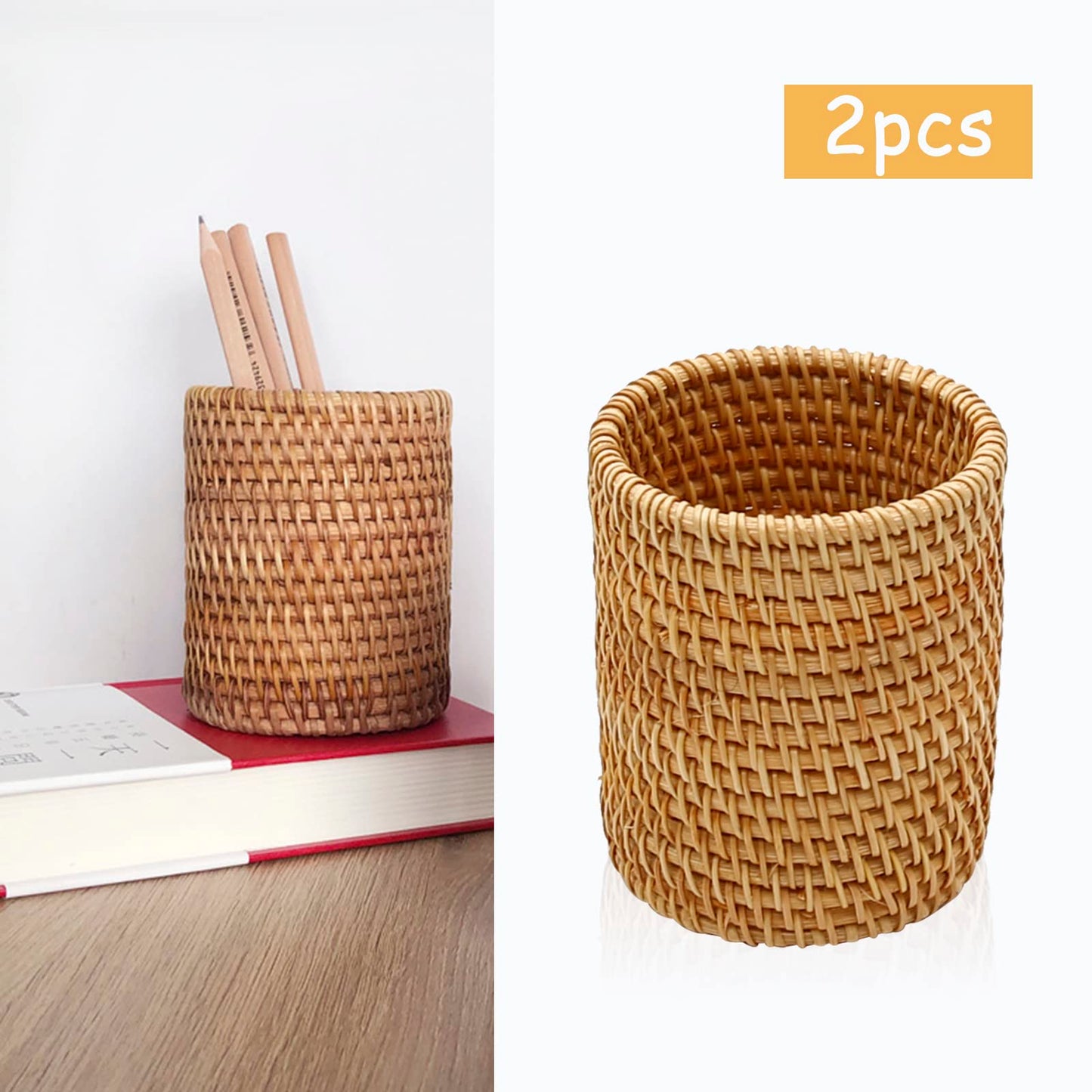 2 Pack Rattan Pencil Holder Handmade Pen Organizer Boho Desk Accessories Aesthetic Pen Cup Holder for Cute Office Decor