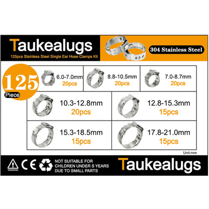 125PCS Single Ear Hose Clamps 7-21mm Sizes 304 Stainless Steel Pipe Fuel Line Clips kit