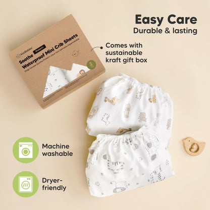 2-Pack Pack and Play Sheets, Waterproof Mini Crib Sheets Fitted - Organic Cotton Pack N Play Sheets for Graco Pack and Play Mattress, Playard Baby Crib Sheets, Neutral for Boy,Girl,Toddler (KeaSafari)