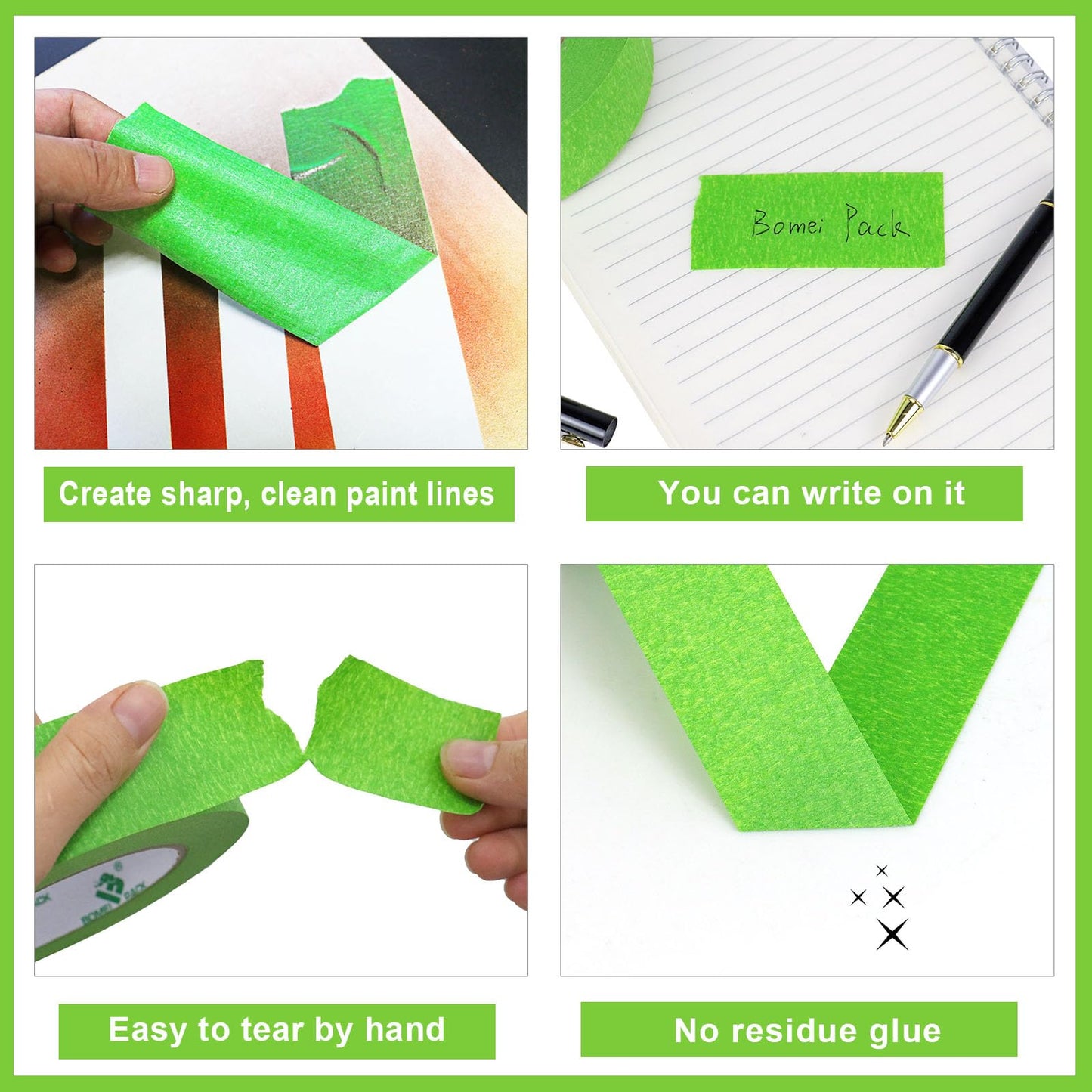 BOMEI PACK 5Rolls Green Masking Tape 36mm x 55yds, General Purpose Thin Green Painters Tape for Painting, Labeling, DIY Crafting, Decoration and School Projects, Total 275yds