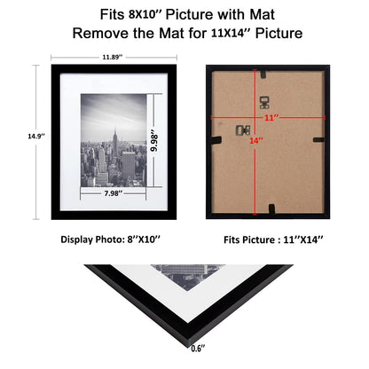 11x14 Picture Frame 2 Pack, Display Poster 8x10 with Mat or 11 x 14 Without Mat, Wall Gallery Photo Frames-Vertical or Horizontal Mounts & Ready to Hang,Photo Frames for Wall Mounting, Black
