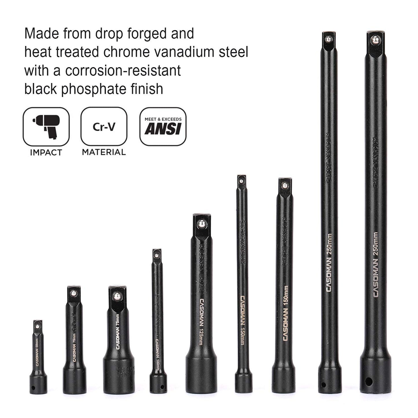 CASOMAN 9 Pieces Extension Bar Set, 1/4", 3/8" and 1/2" Drive Socket Extension, Premium Chrome Vanadium Steel with Black Phosphate Finish