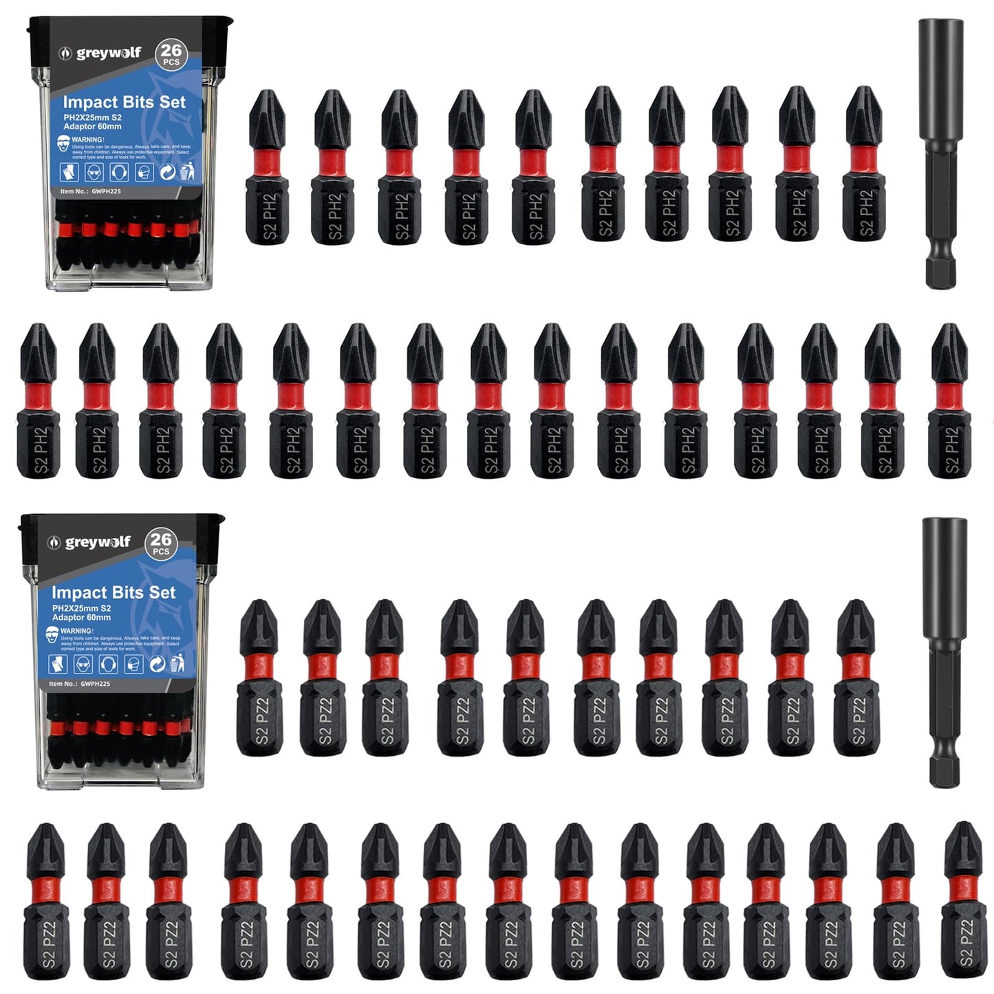 Impact Phillips Screwdriver Bits Set, 32 non-slip screwdriver bits, S2 steel, 1-inch PH2-PZ2 bits Setting, 1/4-inch hexagonal shank impact driver bit, with impact driver bit holder and storage case