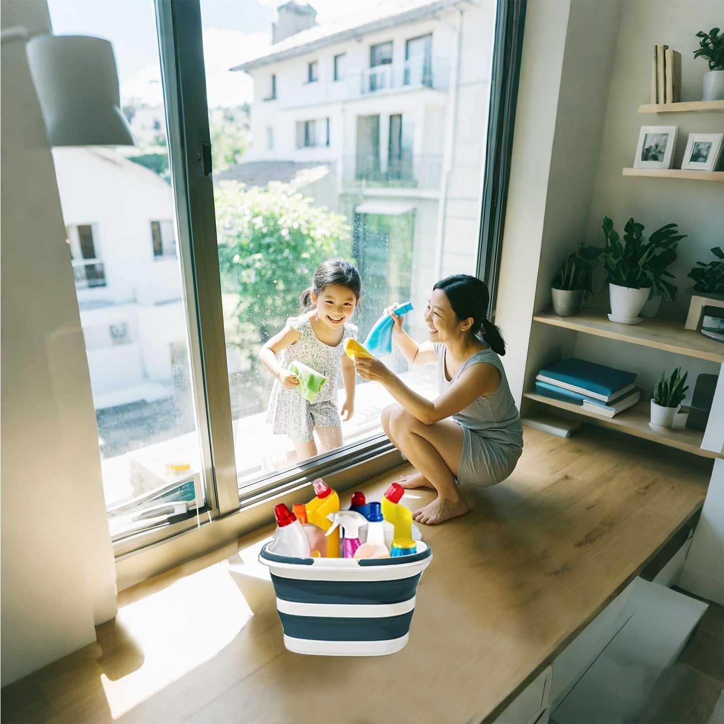 Collapsible Mop Bucket with Handle for Cleaning,16L(4.2 Gallons) Silicone Square Mopping Bucket,Space Saving， Small Cleaning Mop Buckets for Household Outdoor Car Washing Tub Plastic Storage (Blue)