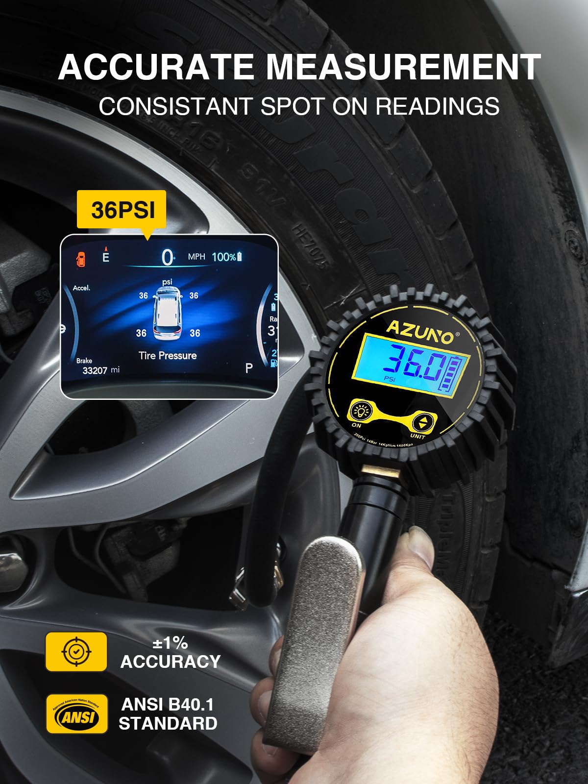 AZUNO Digital Tire Inflator with Pressure Gauge, 200 PSI, Heavy Duty Air Compressor Accessories, w/Rubber Hose Lock on Air Chuck and Quick Connect Coupler (Standard)