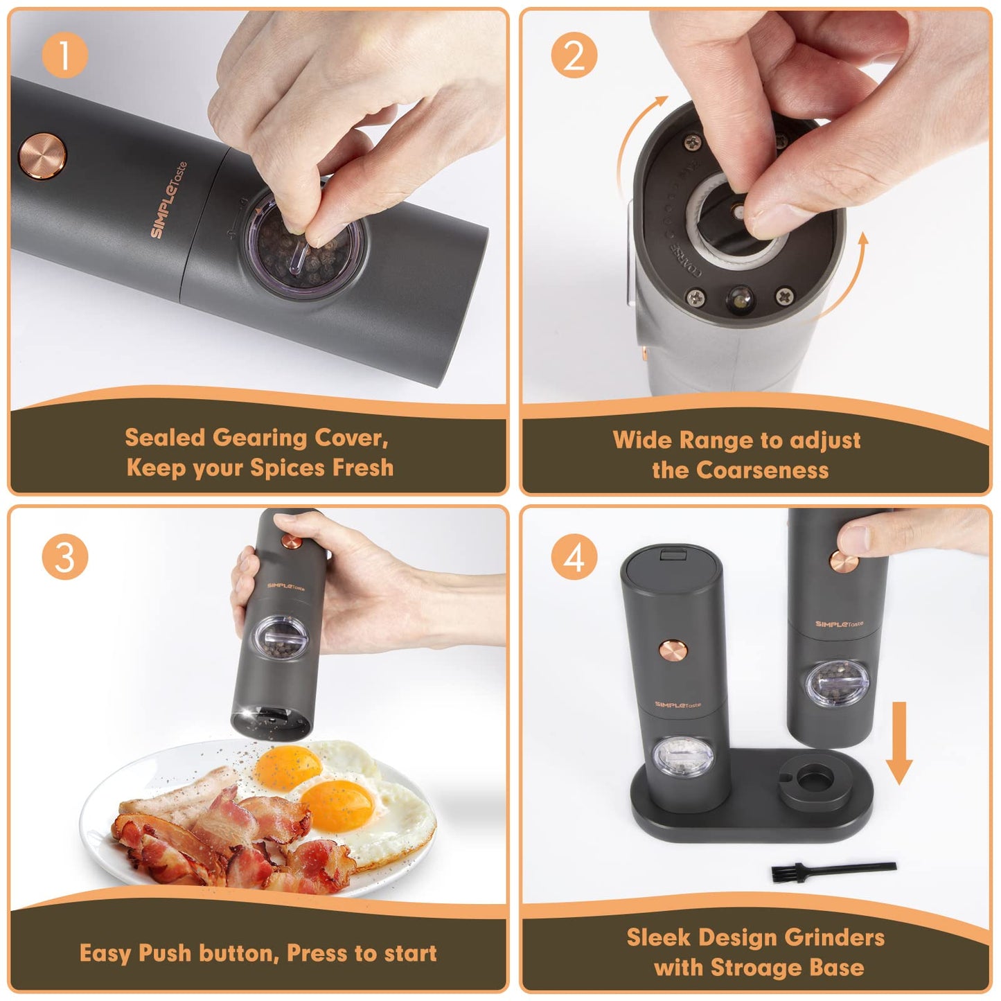 SIMPLETASTE Electric Salt and Pepper Grinder Set, One-Handed, Battery Powered, Adjustable Coarseness, LED Light, Pepper Mills with Stand, Seasoning Tools for Kitchen, Dining