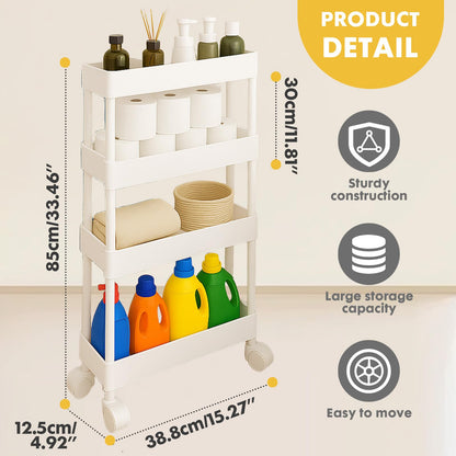 ShellKingdom 4 Tier Bathroom Storage Organizer, Slim Rolling Storage Cart for Narrow Space, Mobile Shelving Unit with Lockable Wheels and Hooks for Bathroom, Kitchen, Laundry Movable Shelf (White)