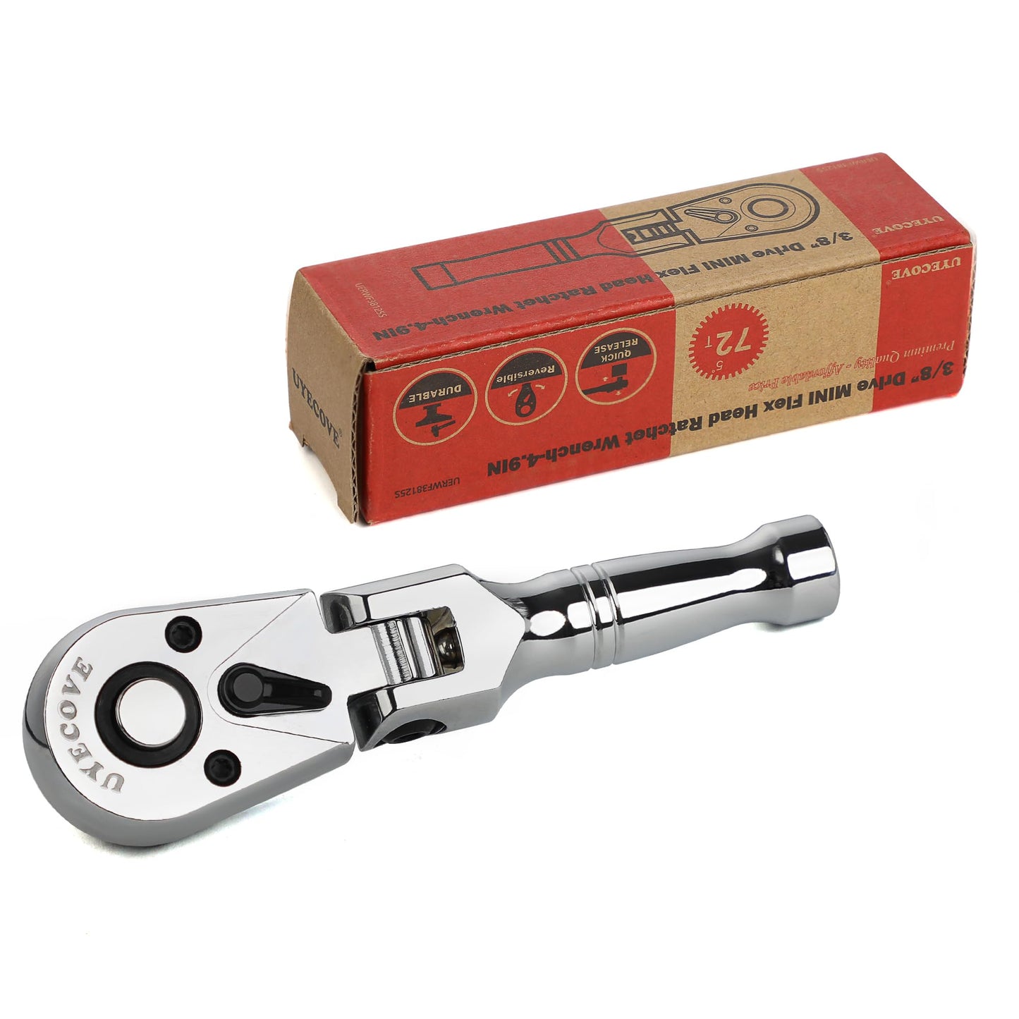 UYECOVE 3/8 Inch Drive Stubby Flex Head Ratchet Wrench, Small Socket Wrench, 72 Tooth Quick Release Cr-Mo Swivel Head Ratchet-4.9"/125mm