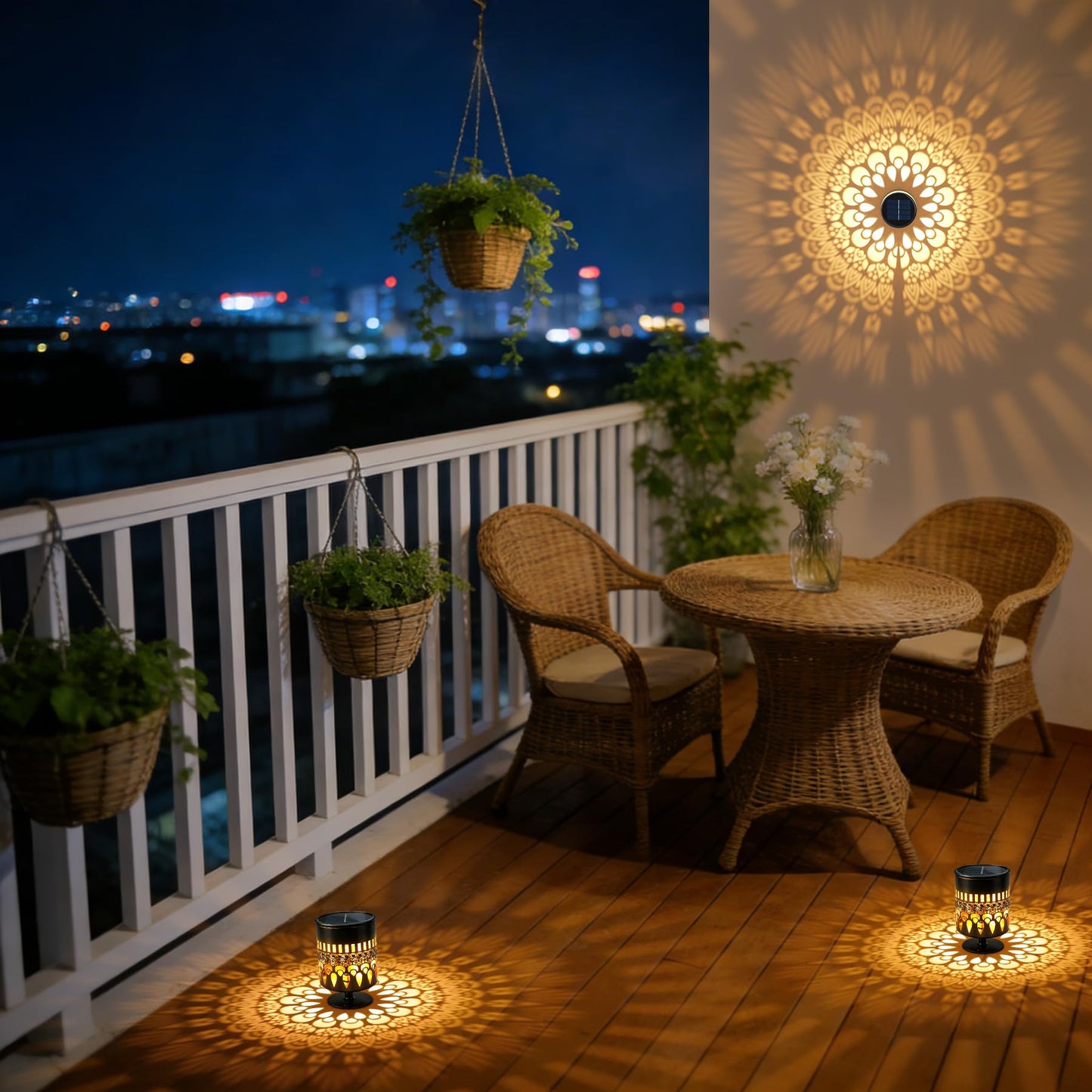 Solar Fence Lights 2 Pack, Outdoor Deck Step Wall Lights, Metal Waterproof LED Warm Yellow Light for Garden Post Patio Backyard Yard Decor (Peacock Feather-2, 2)