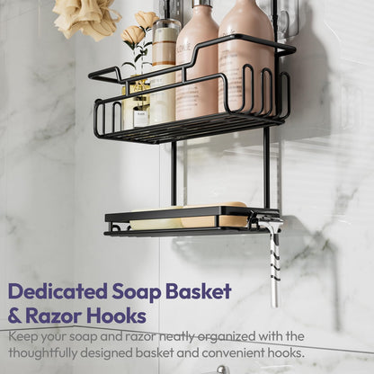 SWTYMIKI Shower Caddy Hanging - Extended Length 3 Tier Rustproof Shower Organizer Hanging, No Drilling Shower Shelves with 16 Hooks & Soap Holder, Anti-Swing Rack, Black