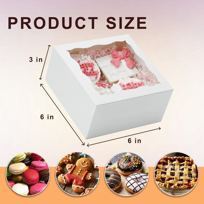 XINHPKGG 50 Pack Cookie Boxes 6x6x3 Inch Bakery Boxes with Window Treat Box Dessert Box for Macaron Mini Cake Chocolate Covered Strawberries Pastry - White