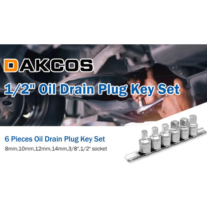 DAKCOS 6 Pcs Drain Plug Key Socket Set, 1/2" Drive Oil Drain Plug Key Axle Oil Sump Spanner Wrench, Metric 8mm/10mm/12mm/14mm,3/8" /1/2", CR-V