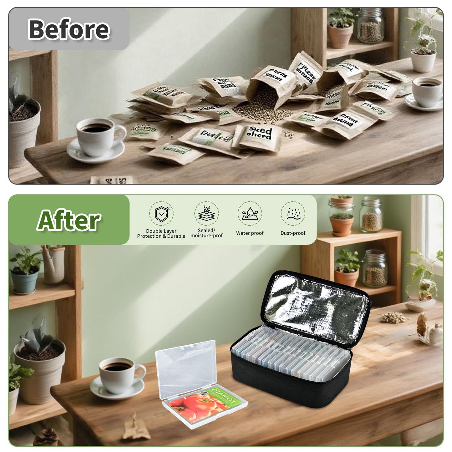 Boczif 16 Slot Seed Storage Organizer Box with Insulated Bag, Envelopes Bag and Label Stickers, Garden Seed Container for Packets, Plant, Flower, Vegetable