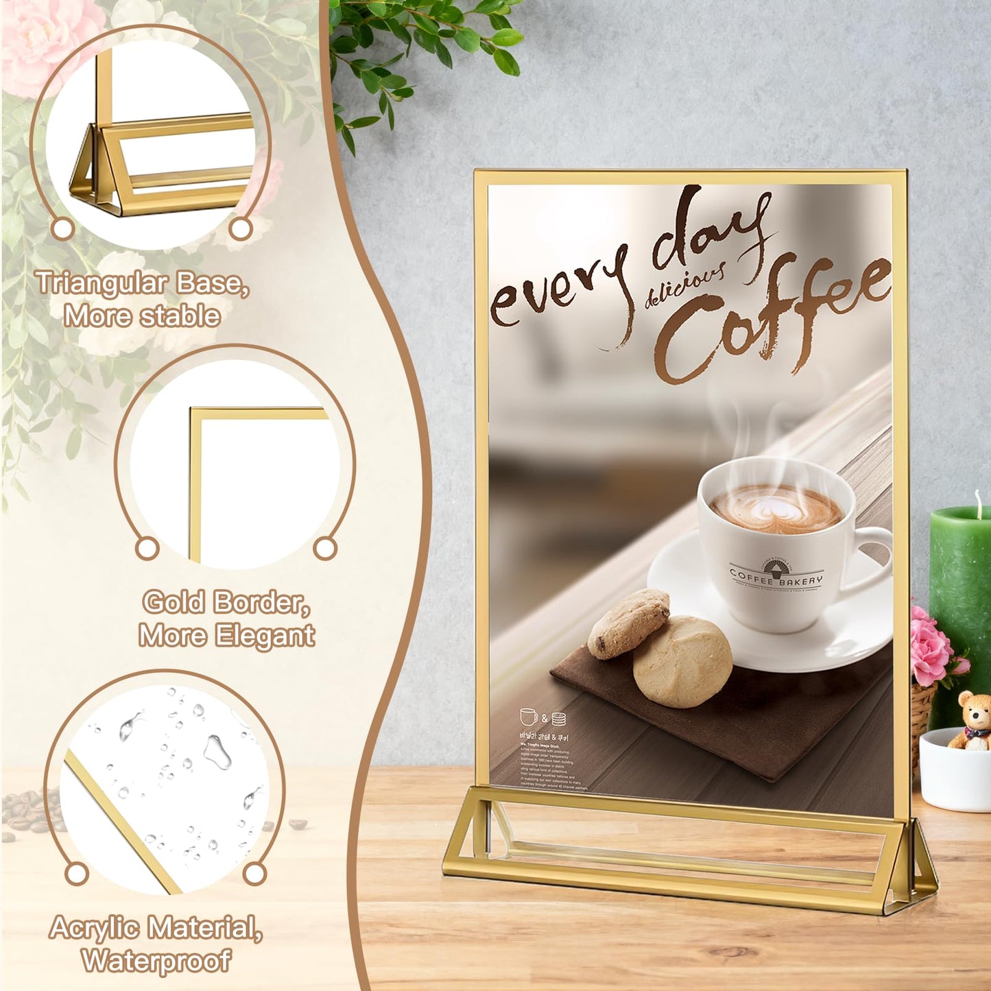 RUITENG 12 Pack Acrylic Sign Holder, 4x6 Clear Gold Frame Display Stand, Double Sided Picture Menu Flyer Holders, Wedding Table Number Frames for Cards Photo Party Decoration (4" x 6")