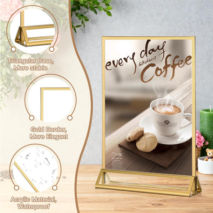 RUITENG 12 Pack Acrylic Sign Holder, 4x6 Clear Gold Frame Display Stand, Double Sided Picture Menu Flyer Holders, Wedding Table Number Frames for Cards Photo Party Decoration (4" x 6")