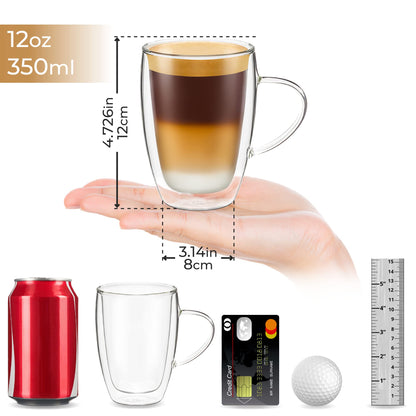 DLux Espresso Coffee Cups 350ml, 12oz Latte Clear Glass Set of 2 Cups with Handles, Double Wall Insulated Borosilicate Glassware Cup - Wine, Tea Glasses