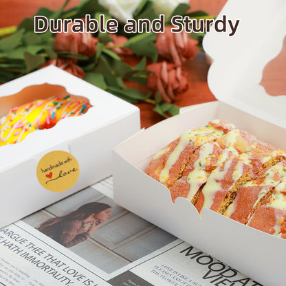 50 Pcs White Bakery Boxes with Window, 7x4.5x2 inches Cookie Boxes with Stickers Macaroon Boxes Small Treat Boxes Mini Cake Boxes for Dessert, Pastry, Sturdy Take Out Container for Party Wedding Favor