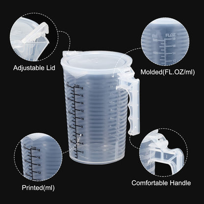 PATIKIL Graduated Beaker, 2 Pack 500ml PP Plastic Liquid Measuring Cup Double Sided Black Graduations with Handle Lid and Spout for Lab Kitchen Home