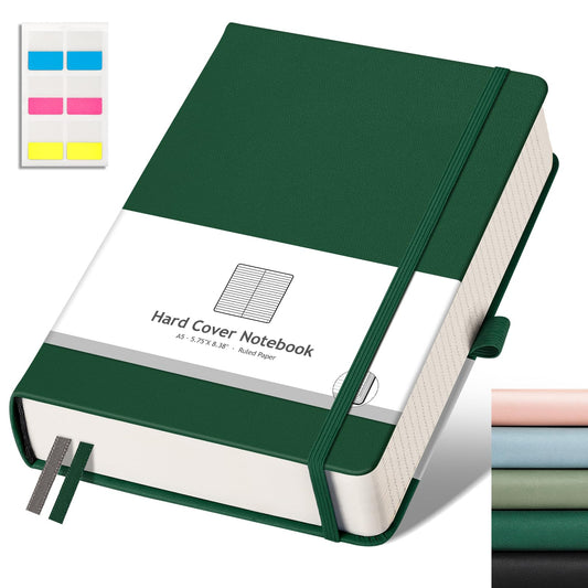 AHGXG Lined Journal Notebook for Work, A5 College Ruled Notebook with 320 Numbered Pages 100 GSM Thick Paper, Hardcover Leather Journal for Women Men Students, 5.7" x 8.3", Green