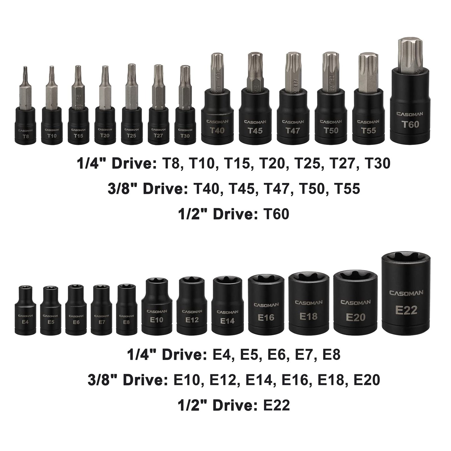 CASOMAN 25 Piece Torx Bit Socket and Female External Socket Set, 13 Star Socket Bits (T8- T60)& 12 Female E-Torx Sockets (E4-E22)