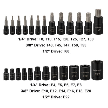 CASOMAN 25 Piece Torx Bit Socket and Female External Socket Set, 13 Star Socket Bits (T8- T60)& 12 Female E-Torx Sockets (E4-E22)