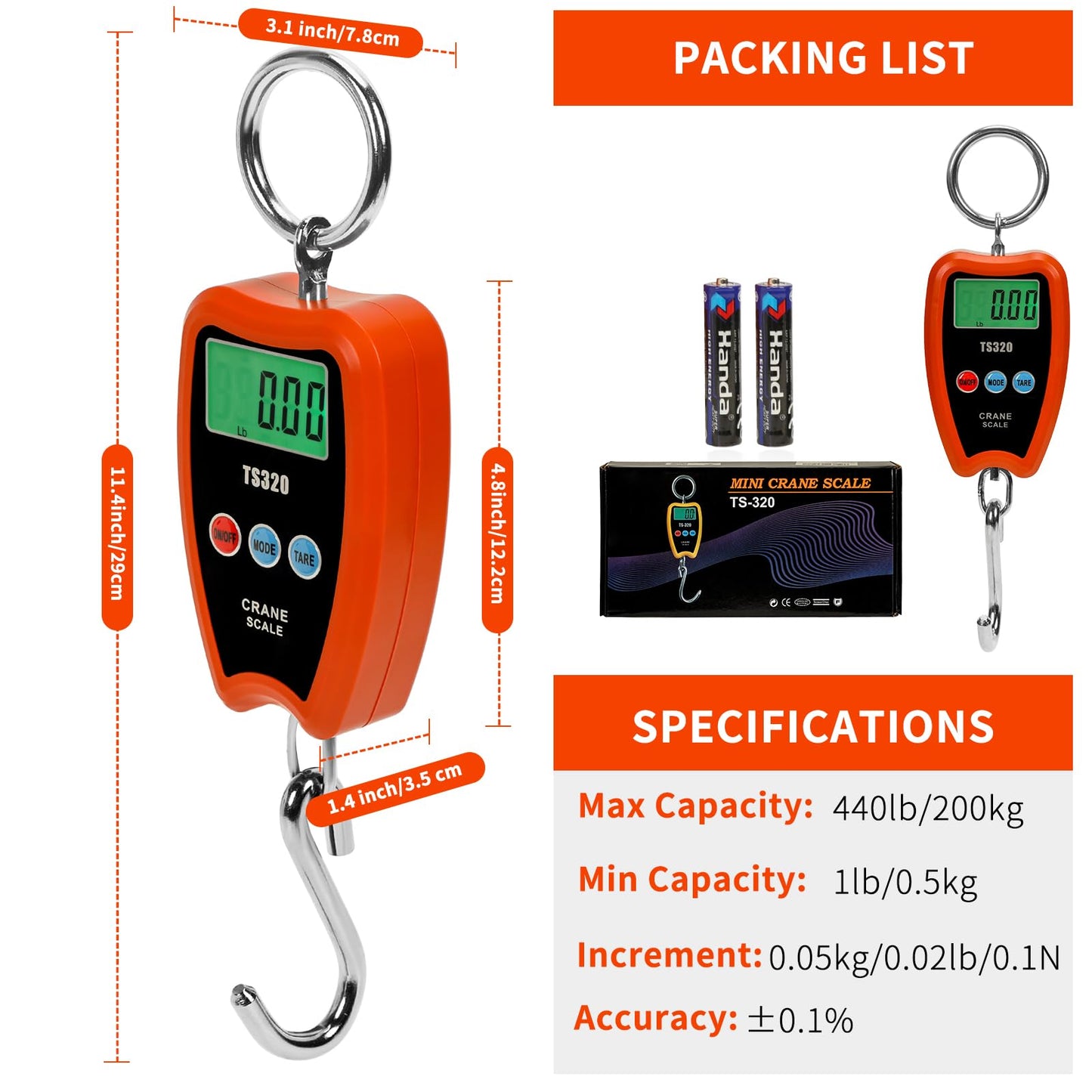 Outmate Digital Crane Scale 300kg/660lbs 200kg/440lbs with LED Handheld Mini Hanging Scale for Garage Farm Hunting Fishing Etc(200kg/Plastic Shell/Orange)