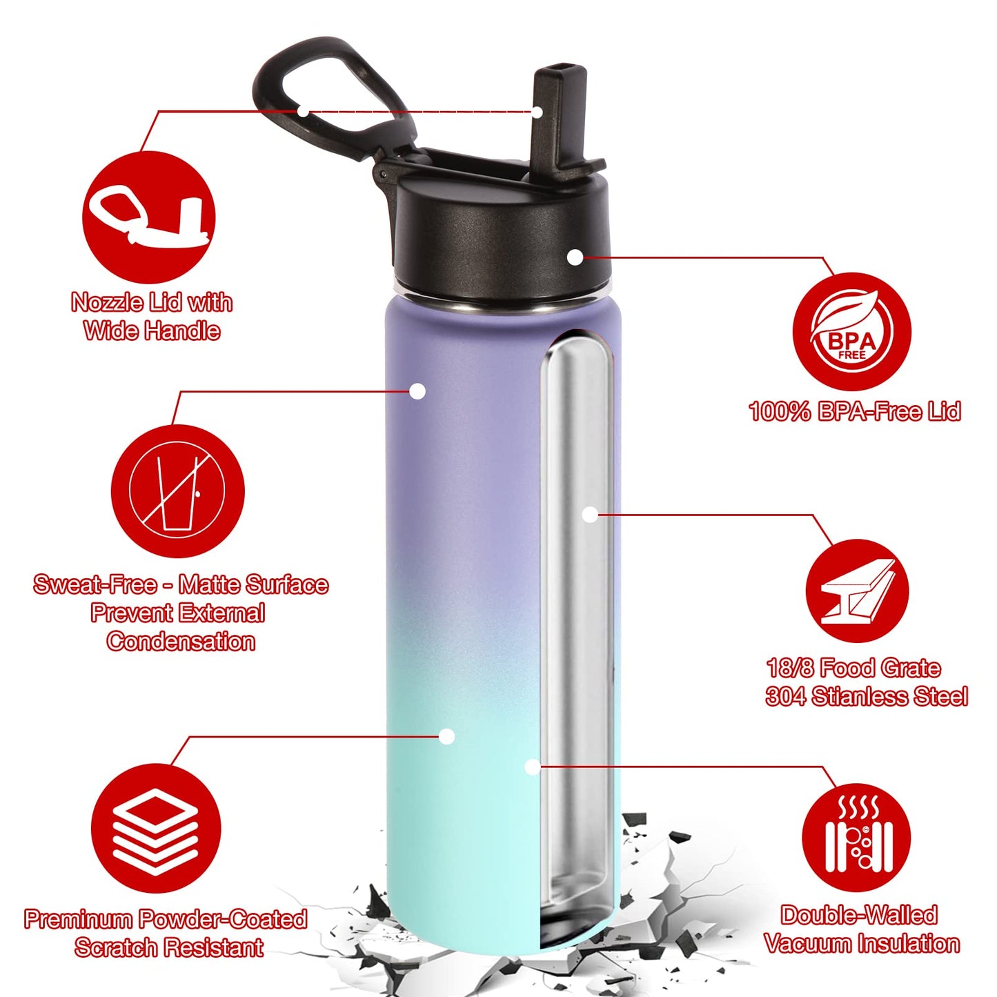 Volhoply Insulated Water Bottles with Straw Bulk 2 Pack, 22 oz Stainless Steel Sports Bottle with Handle Lid,Double Walled Metal Water Cups with Wide Mouth,Reusable Cold Water Flask(Assorted,2 Set)