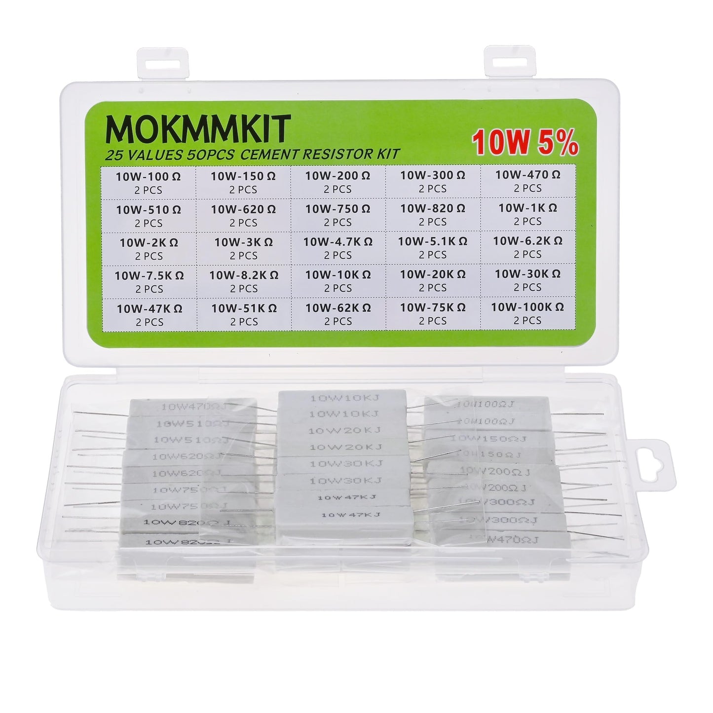 MOKMMKIT 25 Values 50 Pieces Ceramic Cement Resistor KIT 10W Resistance 10 Watt ±5% Power Resistors (100 Ohm - 100K Ohm)