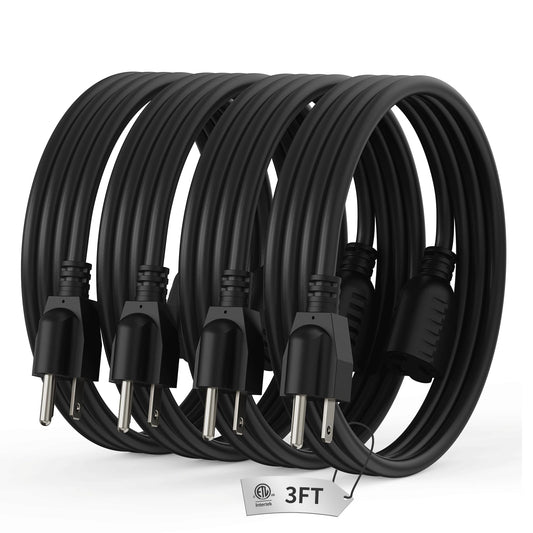 PLUGTUL 3 Foot Extension Cord Black, 4-Pack Short Power Cord, Indoor/Outdoor 16 Gauge 3 Prong Grounded Wire ETL Listed, 13A 1625W 125V SJTW