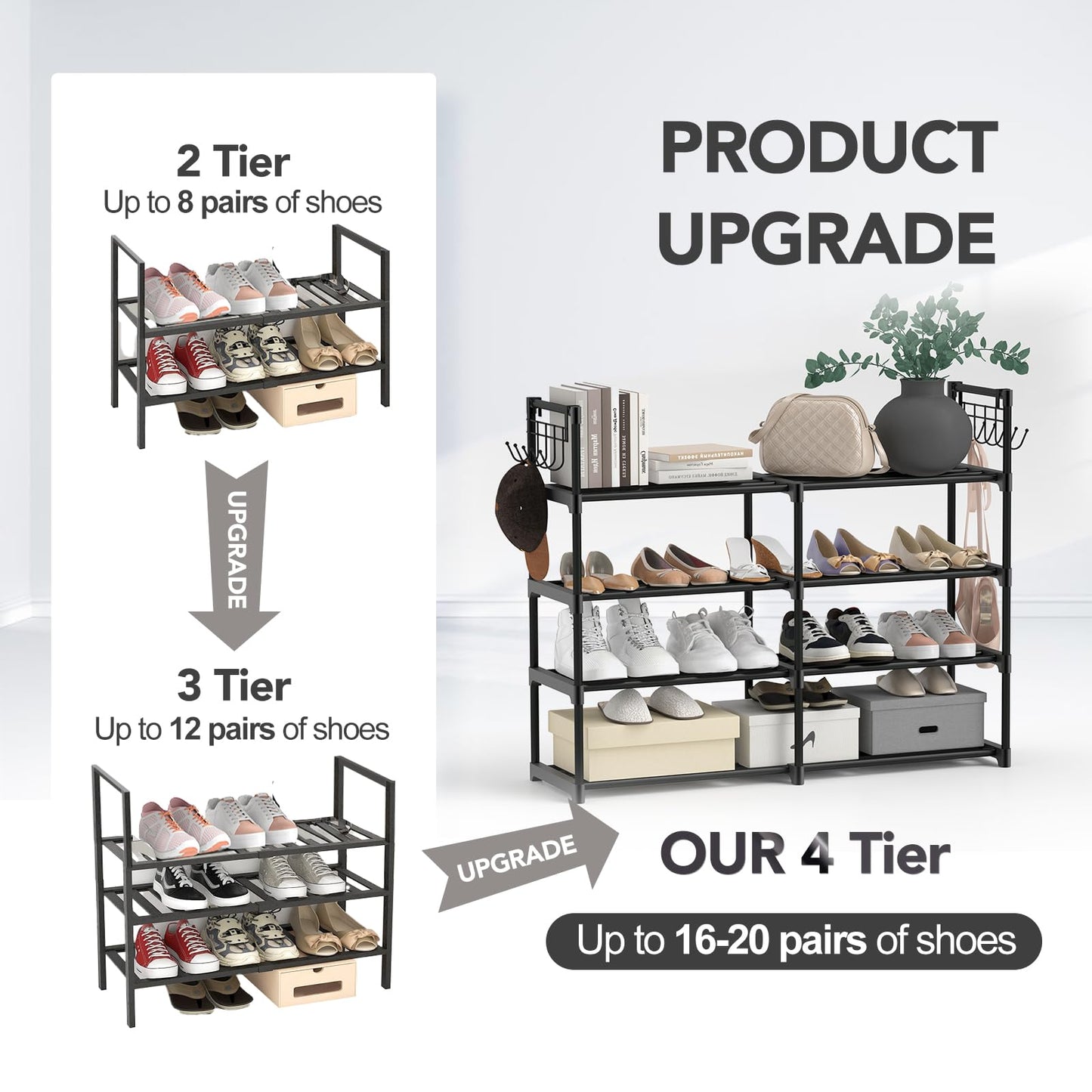 4-Tier Shoe Rack, Black Metal Shoe Racks, Stackable Shoe Shelf with Multifunctional Hooks, Hold 20 Pairs, Space Saving Shoe Rack, Shoes Rack for Closet,Show Rack