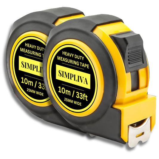 Simpliva Heavy Duty Tape Measure - 1 Inch Wide - Stainless Steel Measuring Tape - Retractable Measurement Tape - Imperial and Metric Tape Measure with Metal Belt Clip (2PACK(33FT))
