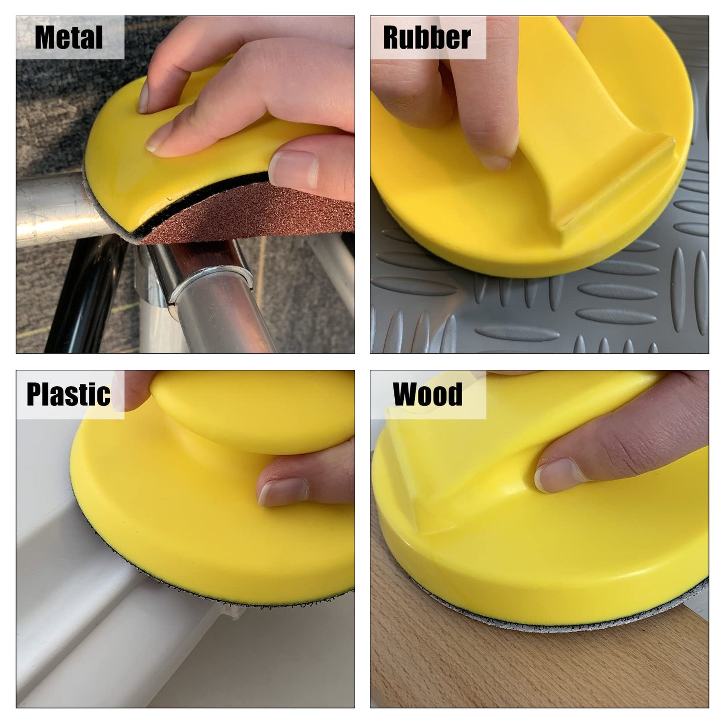 SPEEDWOX 4 Pack 5" Hand Sanding Blocks Round and Mouse-Shaped Hook and Loop Sanding Pad Includes Cleaning Brush, Hook Backing Plate for Wood Furniture Restoration Polishing Home and Car (Yellow)