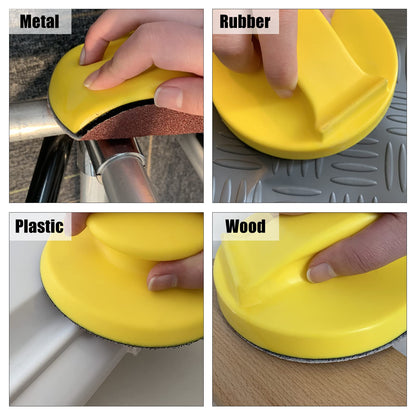 SPEEDWOX 4 Pack 5" Hand Sanding Blocks Round and Mouse-Shaped Hook and Loop Sanding Pad Includes Cleaning Brush, Hook Backing Plate for Wood Furniture Restoration Polishing Home and Car (Yellow)