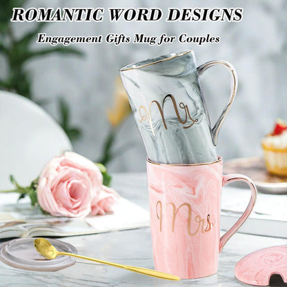 YOETTE Mr and Mrs Coffee Mugs Set 14oz Wedding Gifts for Couples 2026 Bridal Shower Anniversary Engagement Valentines Present for Newlyweds Bride Groom Grey & Pink Cup