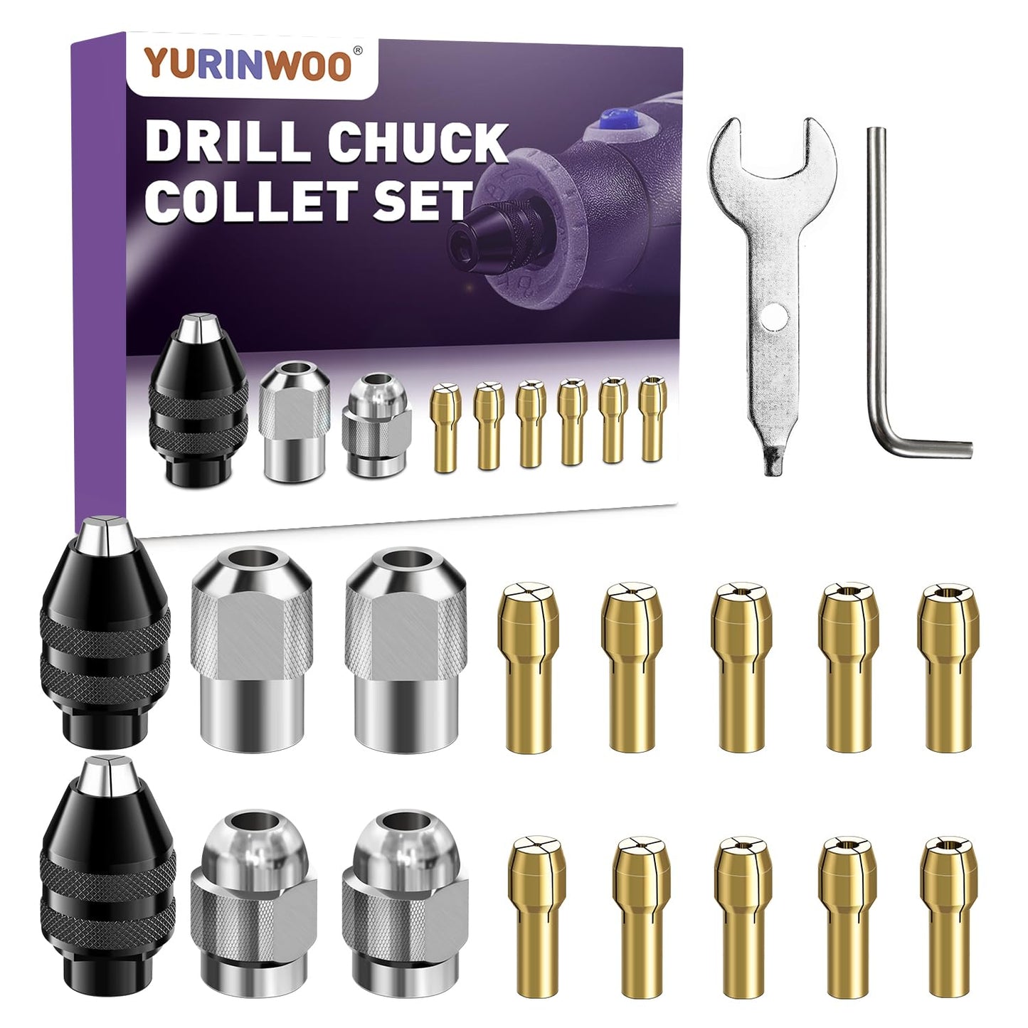 Drill Chuck Collet Set, Brass Collet Set,Collet Nut Kit,0.8-3.2mm Replacement 4486 Drill Keyless Chuck Collet Kit, Quick Change Rotary Drill Nut Tool Set