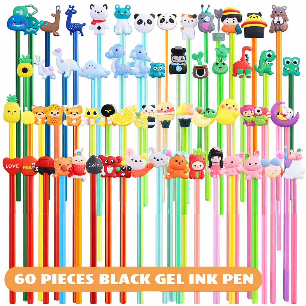 60 Pack Cute Pens Bulk Cartoon Fun Pens Classroom Prizes Assorted Styles Black Gel Ink Pen for Party Favors Birthday Gifts Students Rewards Goodie Bag Stuffers