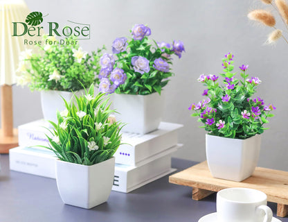 Der Rose 4 Pack Small Fake Plants Mini Artificial Faux Plants with Fake Flowers for Home Room Farmhouse Bathroom Decor Indoor