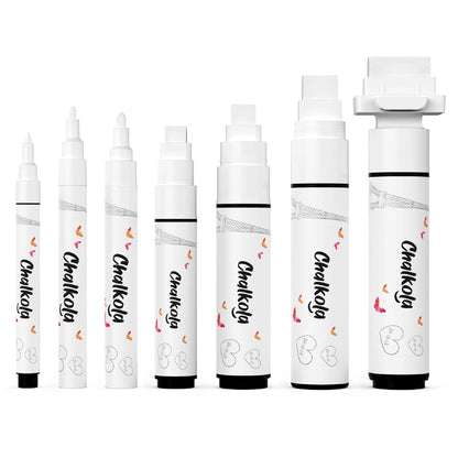 7 White Chalk Markers for Chalkboard Signs, Blackboard, Car Window, Bistro, Glass | 7 Variety Pack - Thin, Fine Tip, Bold & Jumbo Size Erasable Liquid Chalk Pens (1mm, 3mm, 6mm, 8mm, 10mm, 15mm, 30mm)