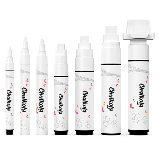 7 White Chalk Markers for Chalkboard Signs, Blackboard, Car Window, Bistro, Glass | 7 Variety Pack - Thin, Fine Tip, Bold & Jumbo Size Erasable Liquid Chalk Pens (1mm, 3mm, 6mm, 8mm, 10mm, 15mm, 30mm)