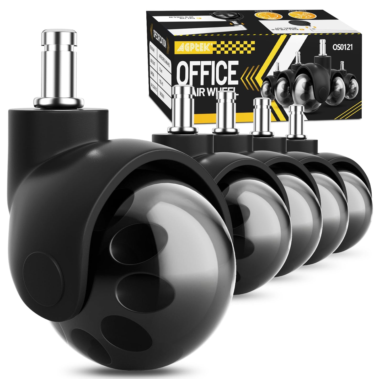 AGPTEK Set of 5-Office Chair Ball Caster Wheels (11 x 22 mm), Office Chair Wheels Replacement, Quiet Game Chair Wheels, Heavy Duty Replacement Casters 7/16" x 7/8" for Hardwood Floor, Carpet