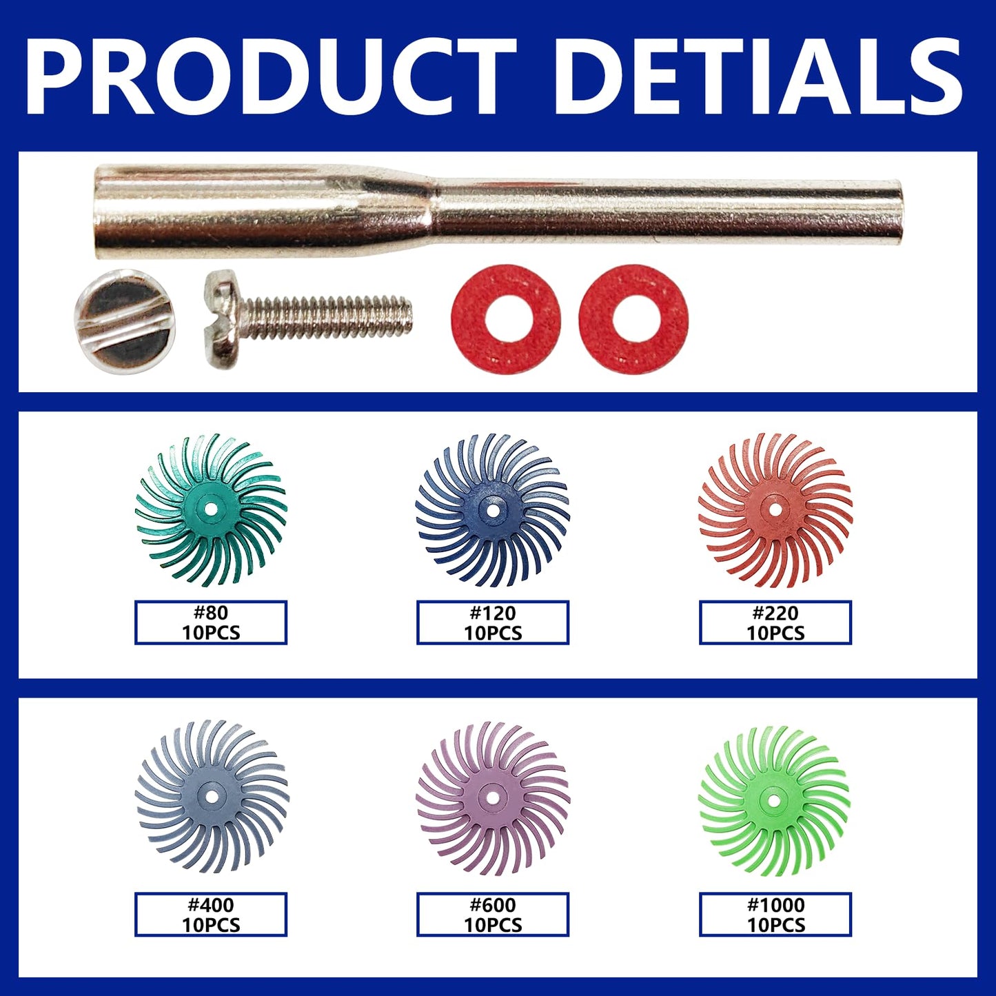 66pcs 1Inch Radial Bristle Disc Polishing Kit 6 Mix Grit 80/120/220/400/600/1000 with 1/8" Shank for Rotary Tools, Abrasive Brush Buffing Wheel Kit for Jewelry, Wood, Metal Finishing Deburring