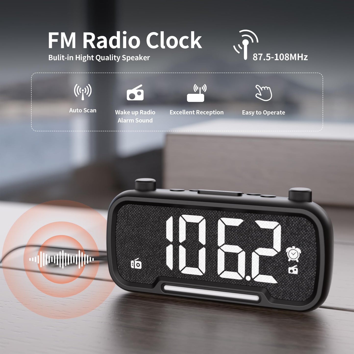 Digital Alarm Clock Radio for Bedrooms with Bluetooth Speaker, High Fidelity Sound, Bedside Clock with 2 Charging Ports, Adjustable Dimmer & Volume, Night Light, Auto-Off Timer, Ideal for Home Office