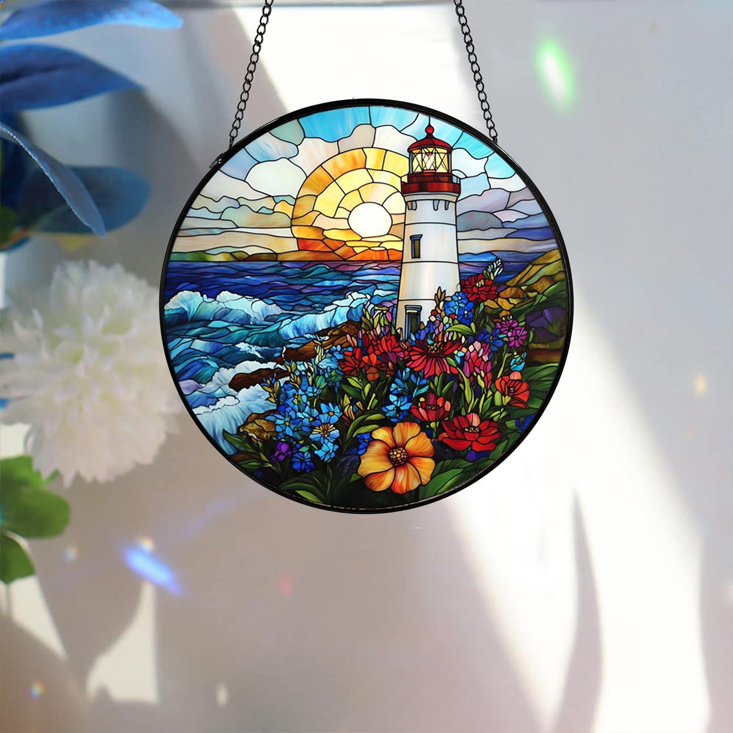 Bimkole Lighthouse Stained Glass Suncatcher Window Hanging - Landscapes Design for Indoor Window or Doorway Decoration - 7.87x7.87 inch with Chain and Hook - Unique Home Decor Gift