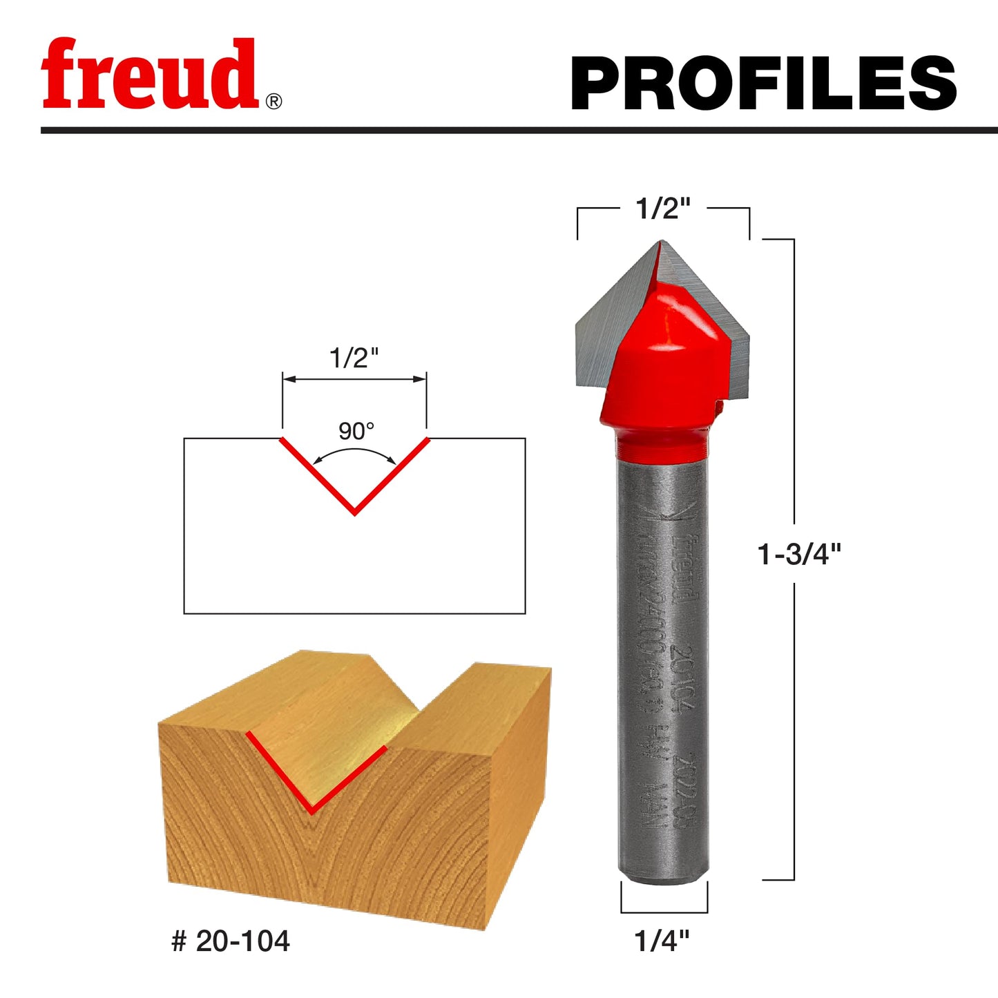 Freud 20-104 1/2-Inch Diameter 90-Degree V-Grooving Router Bit with 1/4-Inch Shank, Multi